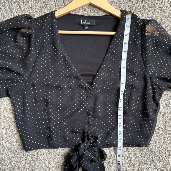 Lulu’s Black Cream Polka Dot Tie Cropped Blouse Puff Sleeve Casual Formal Large - Picture 6 of 6